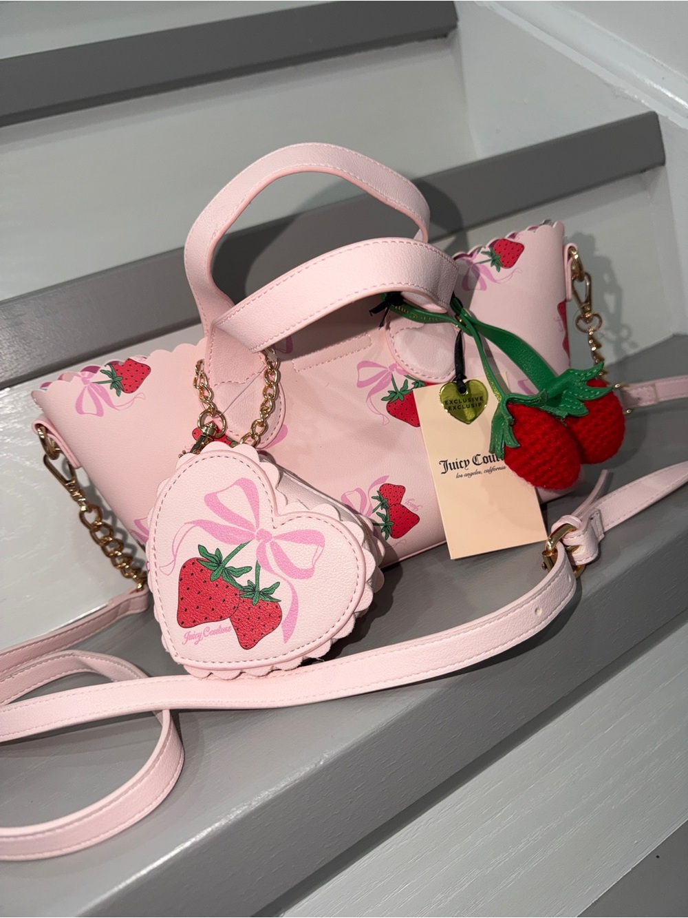 Juicy Couture Light Pink Strawberry Print Mini Tote with Heart Coin Pouch